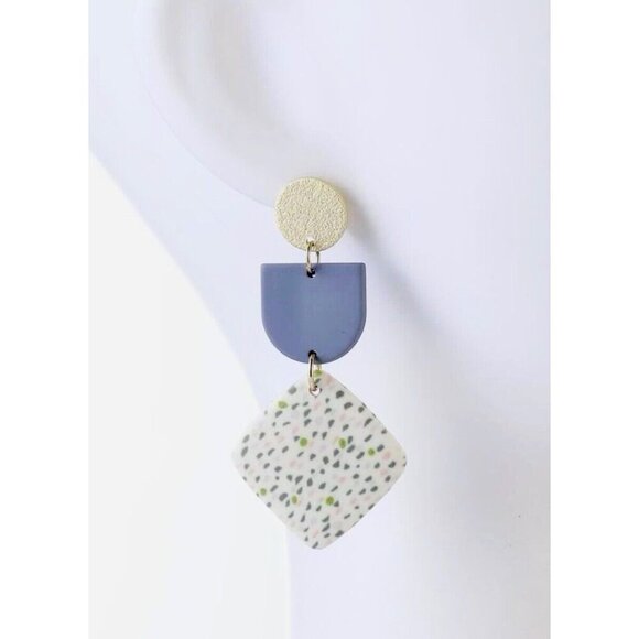 New Gray, Cream, Multicolor Dot Geometric Retro 80s Style Matte Earrings - 2.50" - Picture 3 of 5
